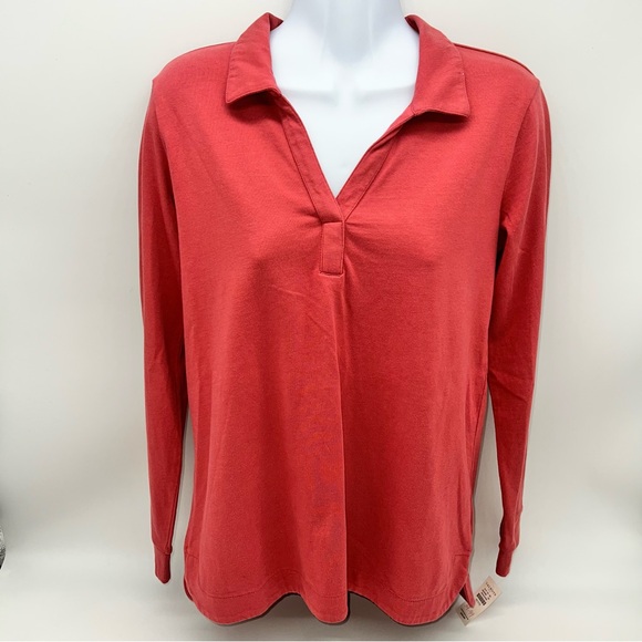 Talbots Tops - Talbots Red Long Sleeve Open V-Neck Jersey Knit Popover Henley Top Salmon-Size P